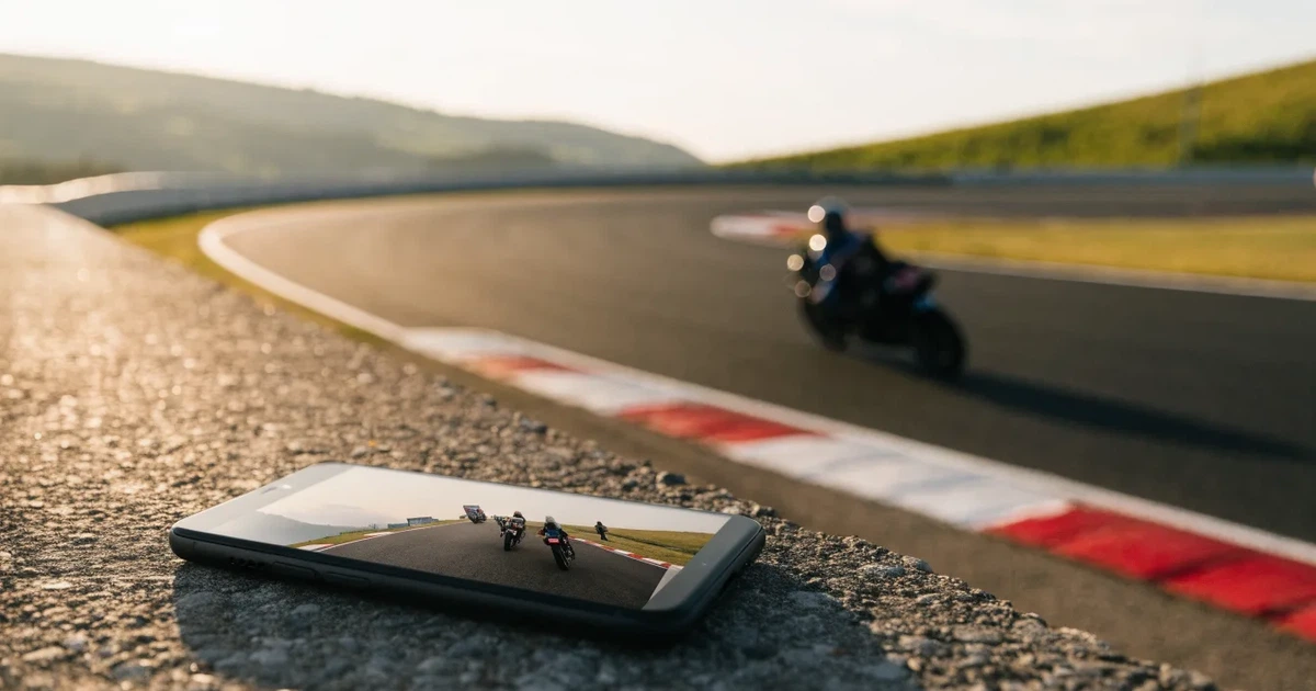 Eine leere Rennstrecke mit rot-weissen Randsteinen im Morgenlicht, im Hintergrund sanfte Hügel und ein einzelner Motorradhelm auf einer niedrigen Mauer.