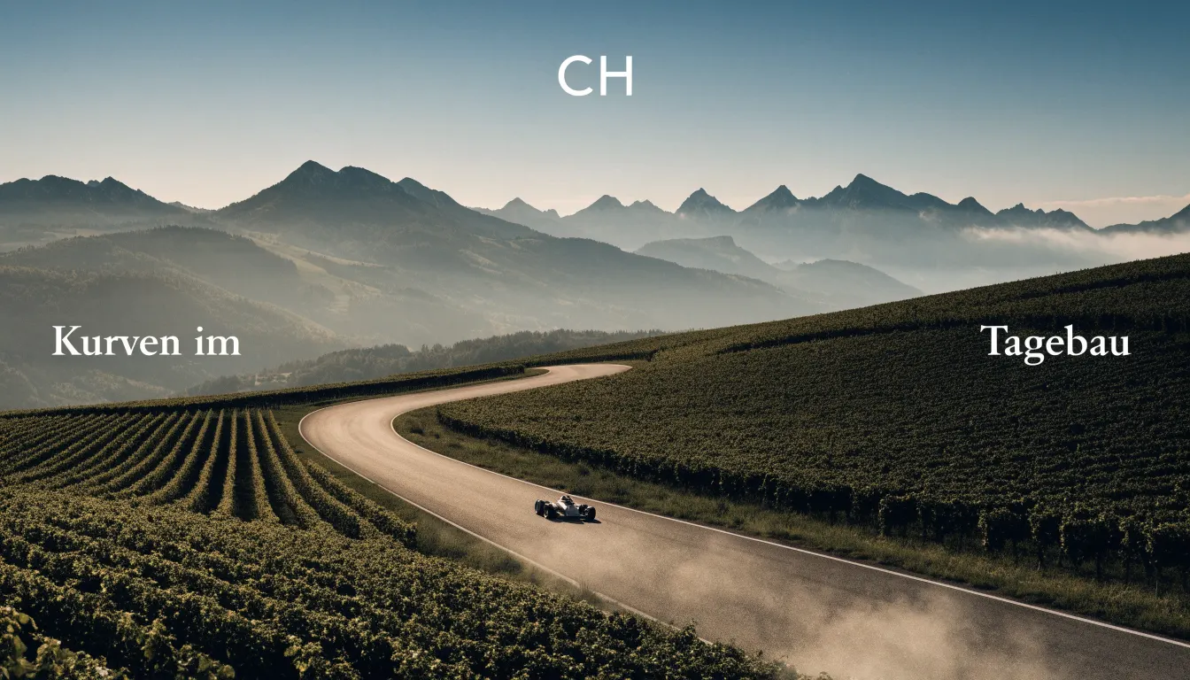 Eine Rennstrecke aus der Ferne zwischen Weinbergen und einer Bergkette, Dunst liegt am frühen Morgen über dem Asphalt.