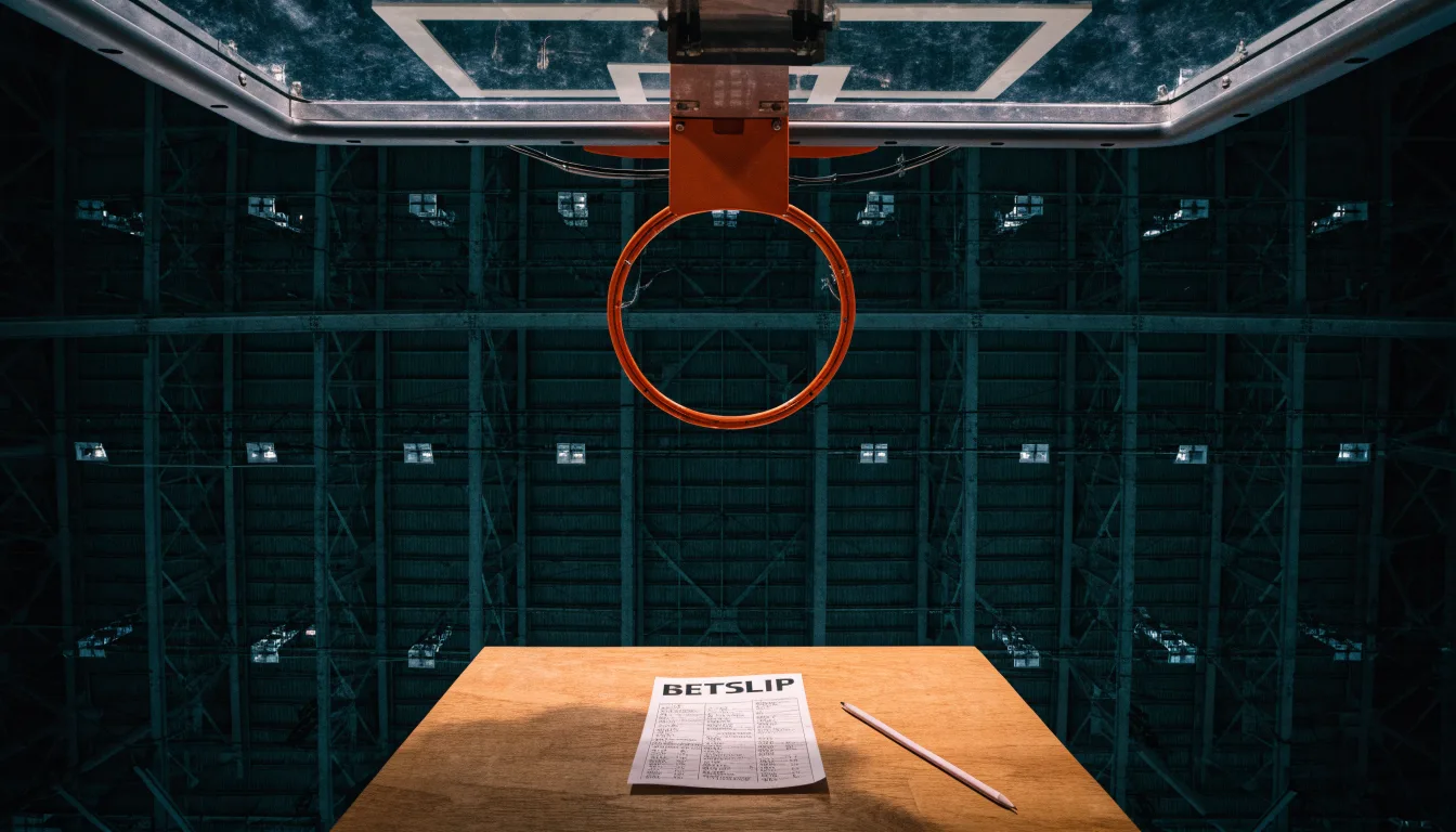 Ein Basketballkorb von unten gesehen, darüber eine Hallendecke mit Scheinwerfern und Stahlträgern.