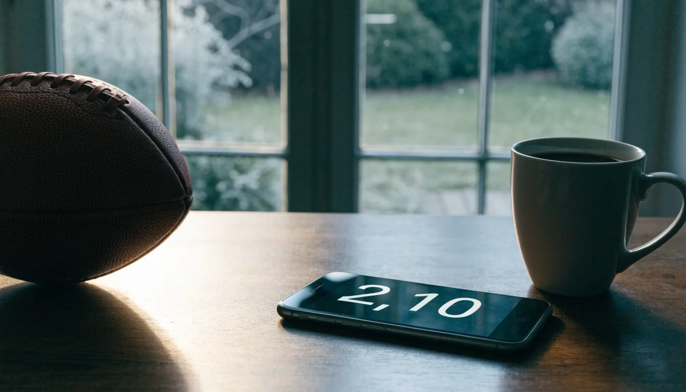 Ein Kaffeebecher und ein Football stehen auf einem Küchentisch am Morgen, durch das Fenster sieht man einen Garten mit Raureif.