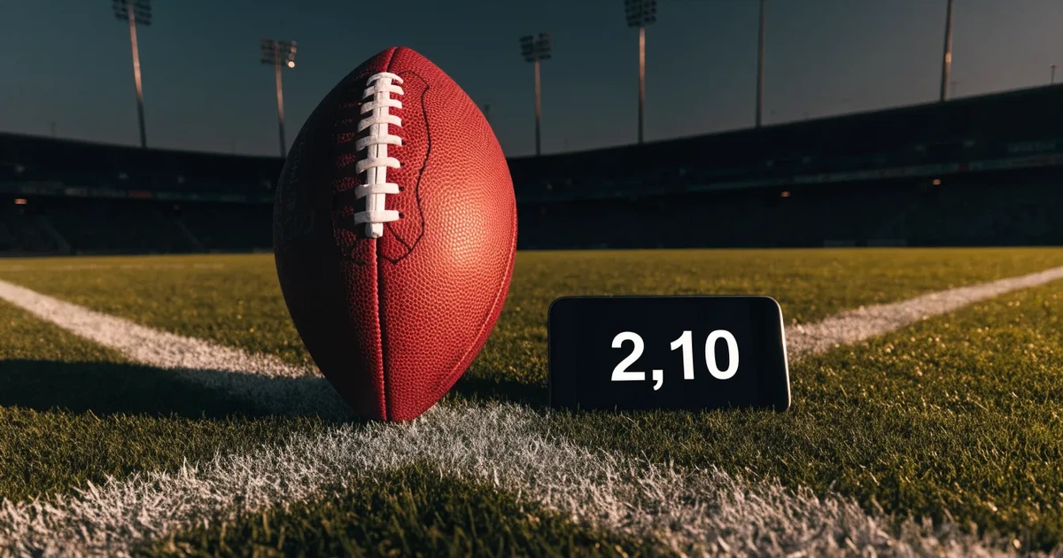 Ein ovaler Football liegt auf frisch gemähtem Rasen neben einer weissen Linie, im Hintergrund stehen leere Flutlichtmasten im Abendlicht.