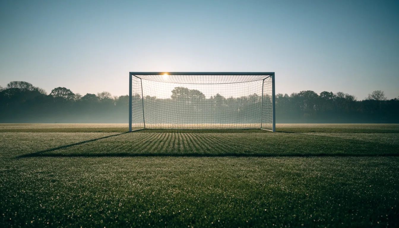 Ein Fussballtor mit Netz in der Totalen auf einem leeren Platz, Tau glänzt im Gras und die Morgensonne steht tief.