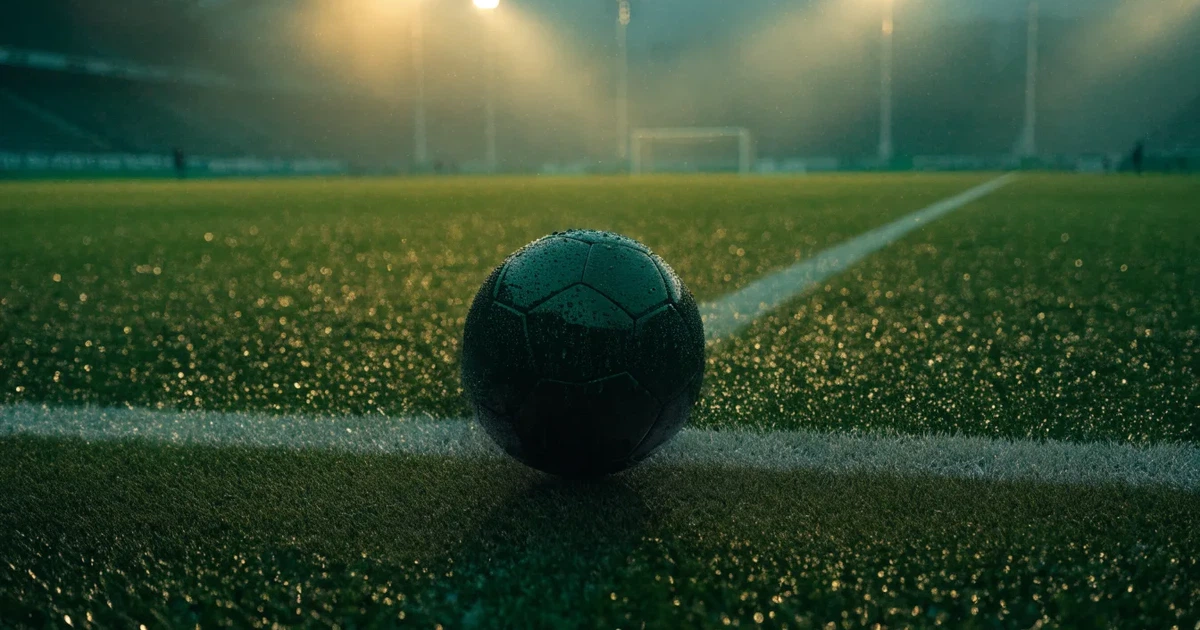 Ein Fussball liegt auf der Strafraumlinie eines nassen Rasens, dahinter stehen Flutlichtmasten im aufsteigenden Nebel.