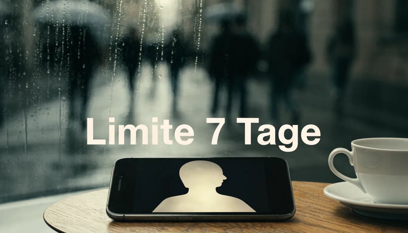 Ein Café-Tisch am Fenster mit einer Teetasse, draussen ein nasser Gehweg und Passanten mit Regenschirmen in unscharfer Ferne.
