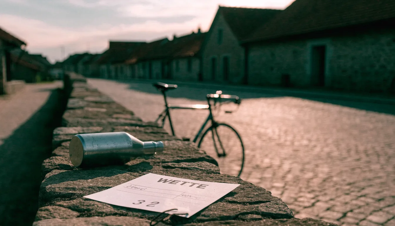 Ein Rennrad lehnt an einer Steinmauer am Rand eines Dorfplatzes, daneben eine Trinkflasche im ersten Sonnenlicht.