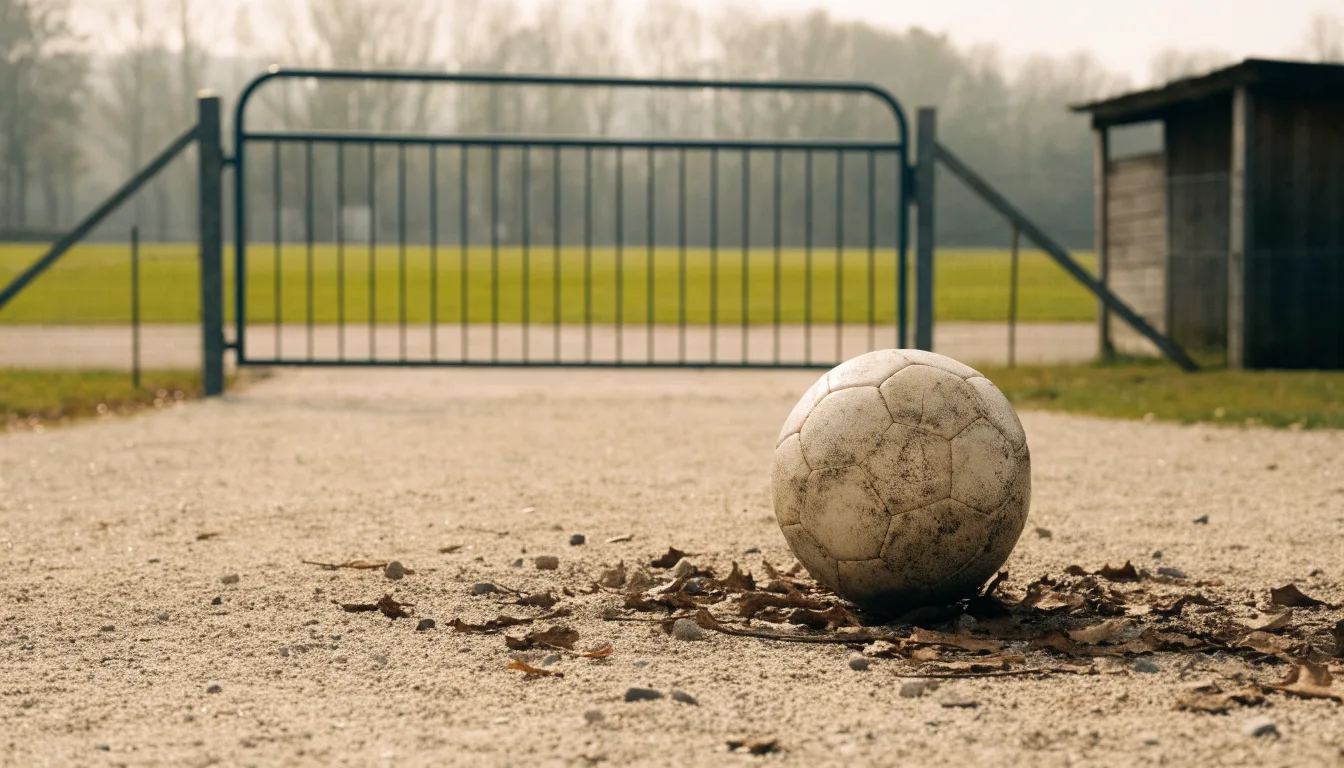 Ein abgenutzter Fussball liegt auf einem Kiesweg neben dem Eingang eines Vereinsplatzes, Laub liegt auf dem Boden.