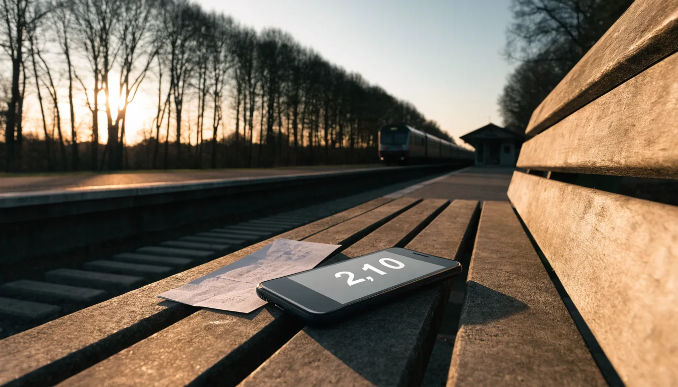 Ein Bahnsteig mit leeren Bänken an einem Regionalbahnhof am Morgen, ein Zug fährt in der Ferne ein.
