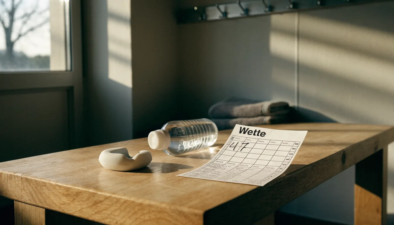 Ein Mundschutz liegt auf einer Holzbank neben einer Trinkflasche in einer schlichten Kabine, durch das Fenster fällt Morgenlicht.
