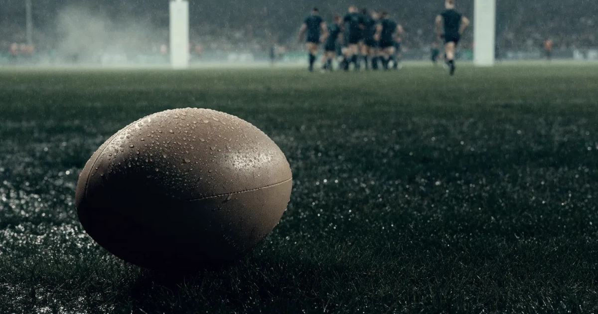 Ein ovaler Rugbyball liegt auf feuchtem Rasen vor zwei hohen Torstangen, hinter dem Spielfeld steigen Nebelschwaden auf.