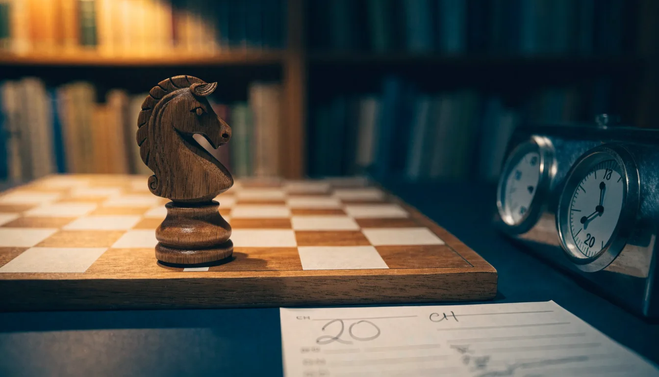 Ein Springer aus Holz steht allein auf einem Brett neben einer Schachuhr aus Metall, im Hintergrund unscharfe Bücherregale.