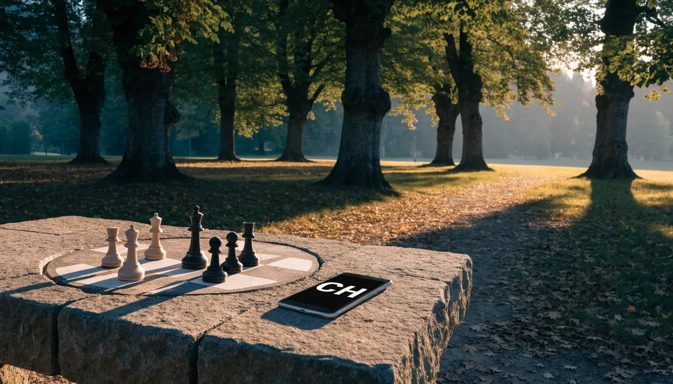 Ein Parkbank-Tisch mit eingelassenem Spielfeld unter alten Kastanien, auf den Wegen liegt Laub und die Sonne steht tief.