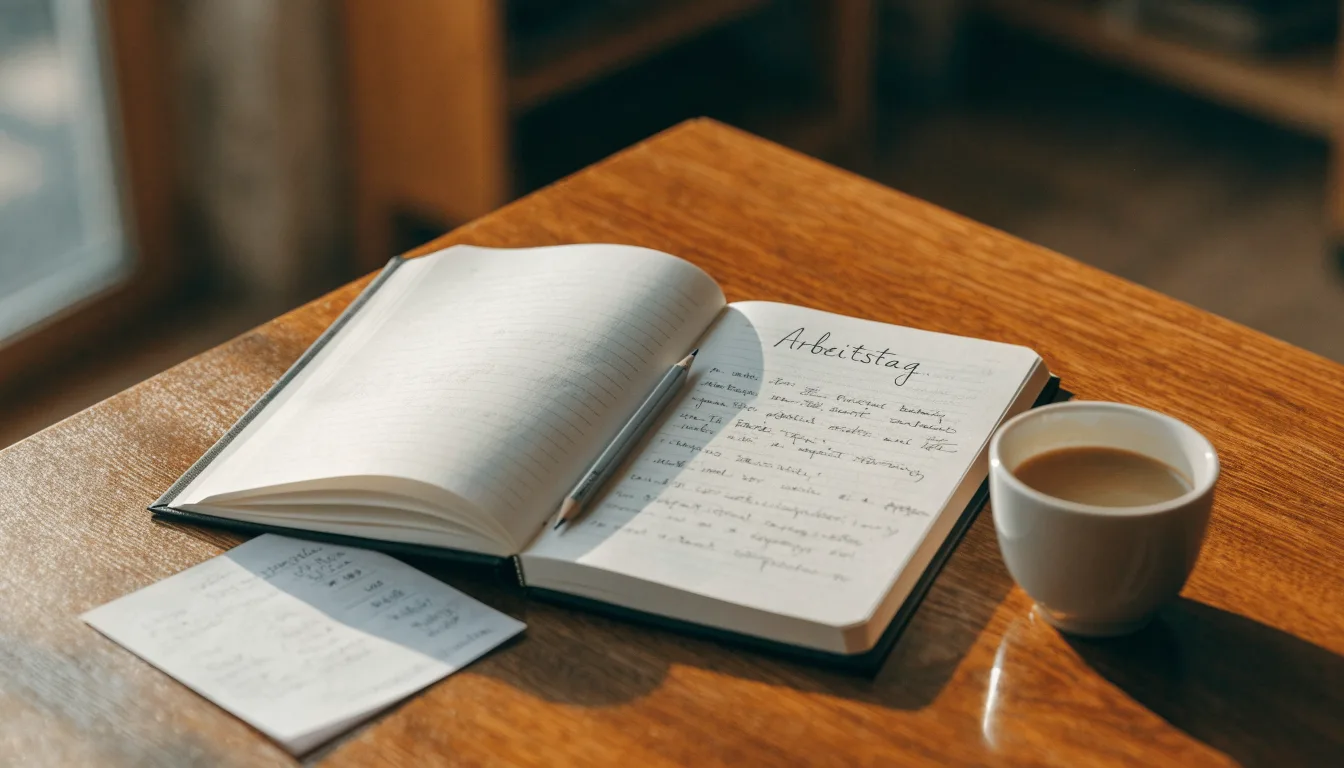 Ein aufgeschlagenes Notizbuch mit handschriftlichen Skizzen neben einem Bleistift und einer Kaffeetasse auf einem Holztisch.
