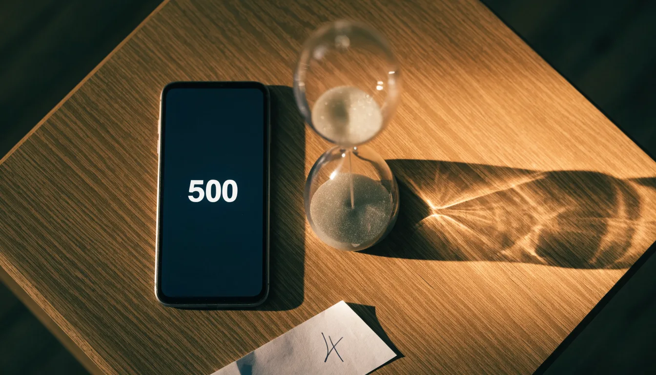 Eine Sanduhr steht auf einem Holztisch neben einem umgedrehten Smartphone, warmes Licht fällt von der Seite ein.