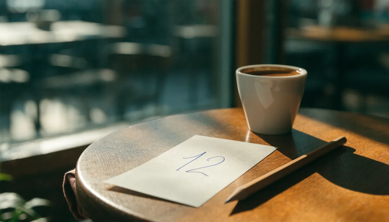 Eine Espressotasse und ein Bleistift liegen auf einem Caféhaustisch neben einer gefalteten Stoffserviette im Licht der Morgensonne.