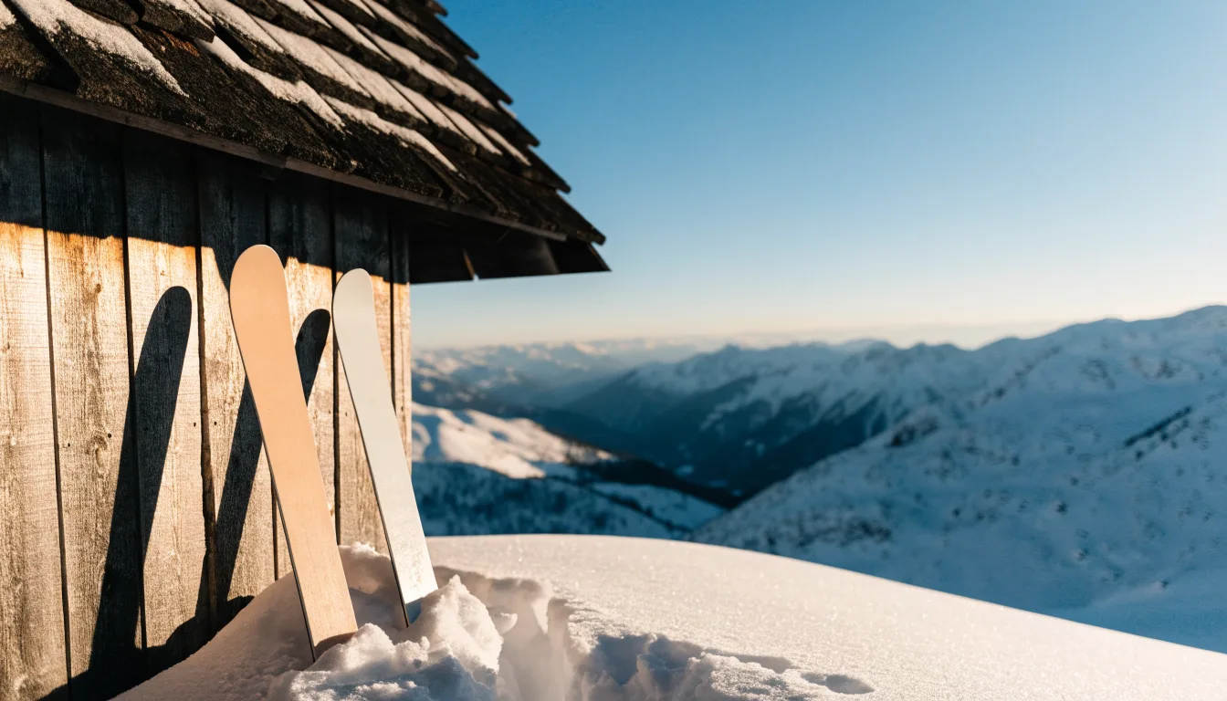 Zwei Skier stecken aufrecht im Schnee neben einer Holzhütte, dahinter ein weites Alpenpanorama bei klarem Himmel.