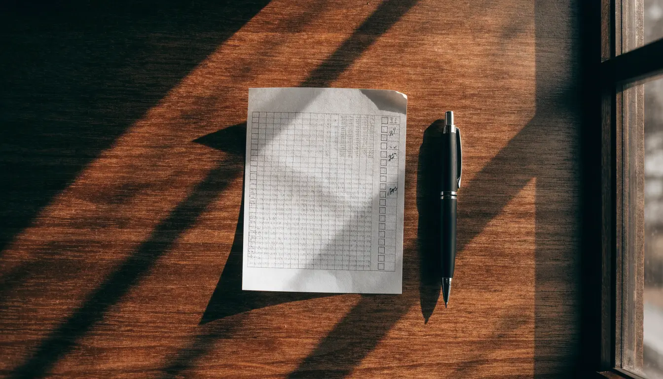 Ein leerer Wettschein aus Papier und ein Kugelschreiber liegen auf einer hölzernen Theke im Nachmittagslicht.