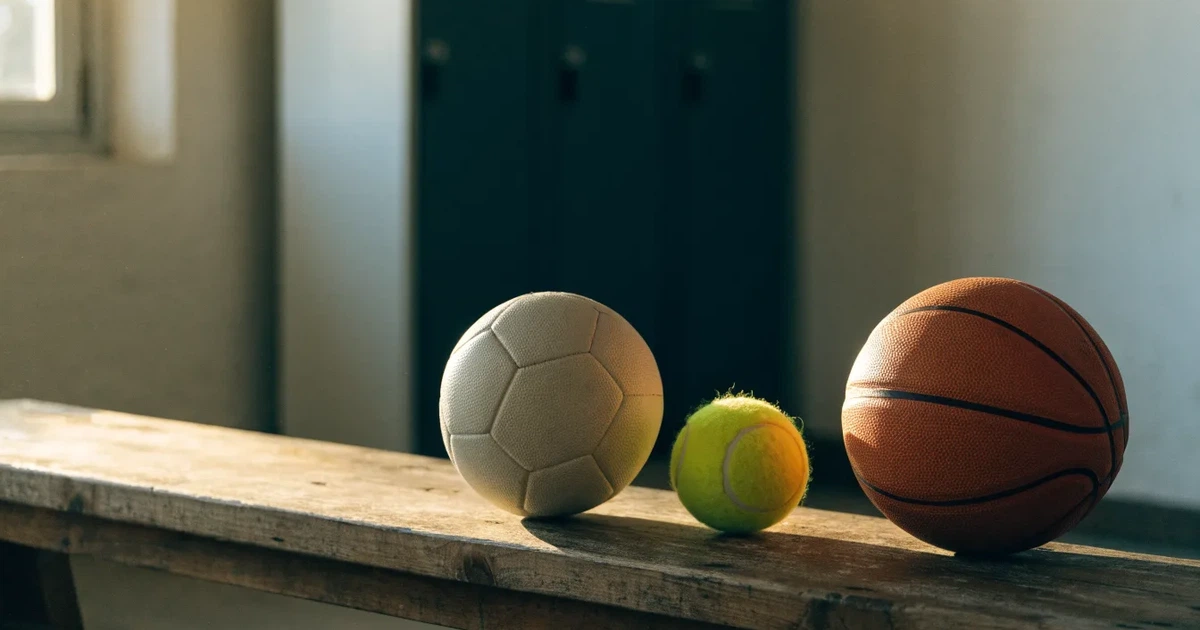 Drei Sportbälle, ein Fussball, ein Tennisball und ein Basketball, liegen nebeneinander auf einer Holzbank.