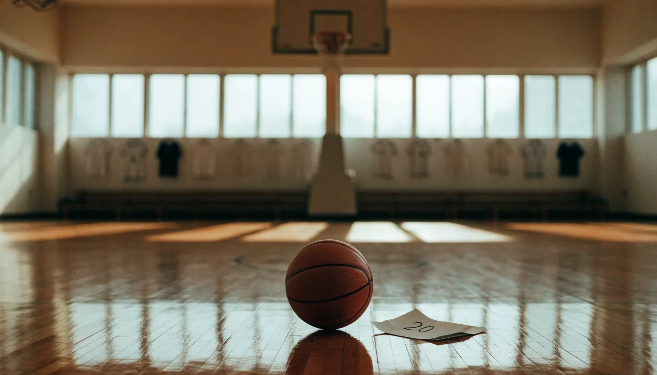 Ein Basketballkorb hängt in einer leeren Turnhalle, durch hohe Fenster fällt Licht auf das Holzparkett.