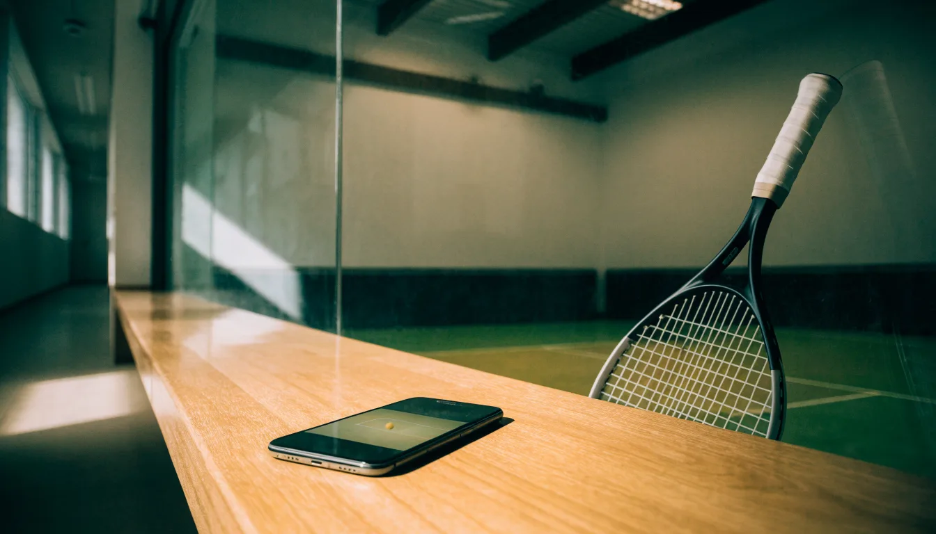 Ein Squashschläger lehnt an der Glaswand eines leeren Courts, draussen fällt Tageslicht in den Gang.