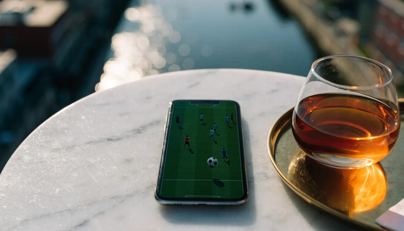 Ein Teeglas auf einem kleinen Messingtablett steht auf einem Tisch eines Hafencafés, im Hintergrund glitzert eine Meerenge.