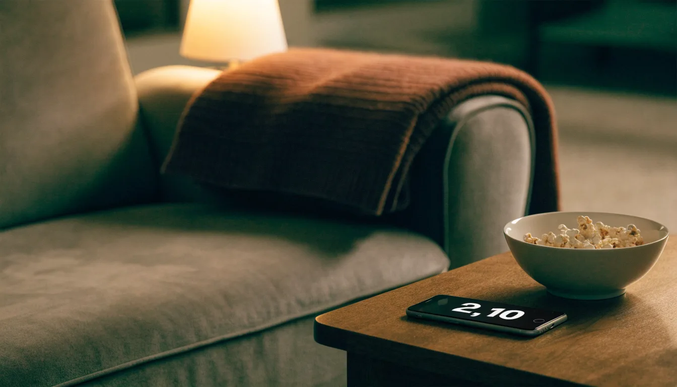 Ein Sofa mit Wolldecke und eine Schale Popcorn auf dem Couchtisch in einem Wohnzimmer bei Lampenlicht am späten Abend.
