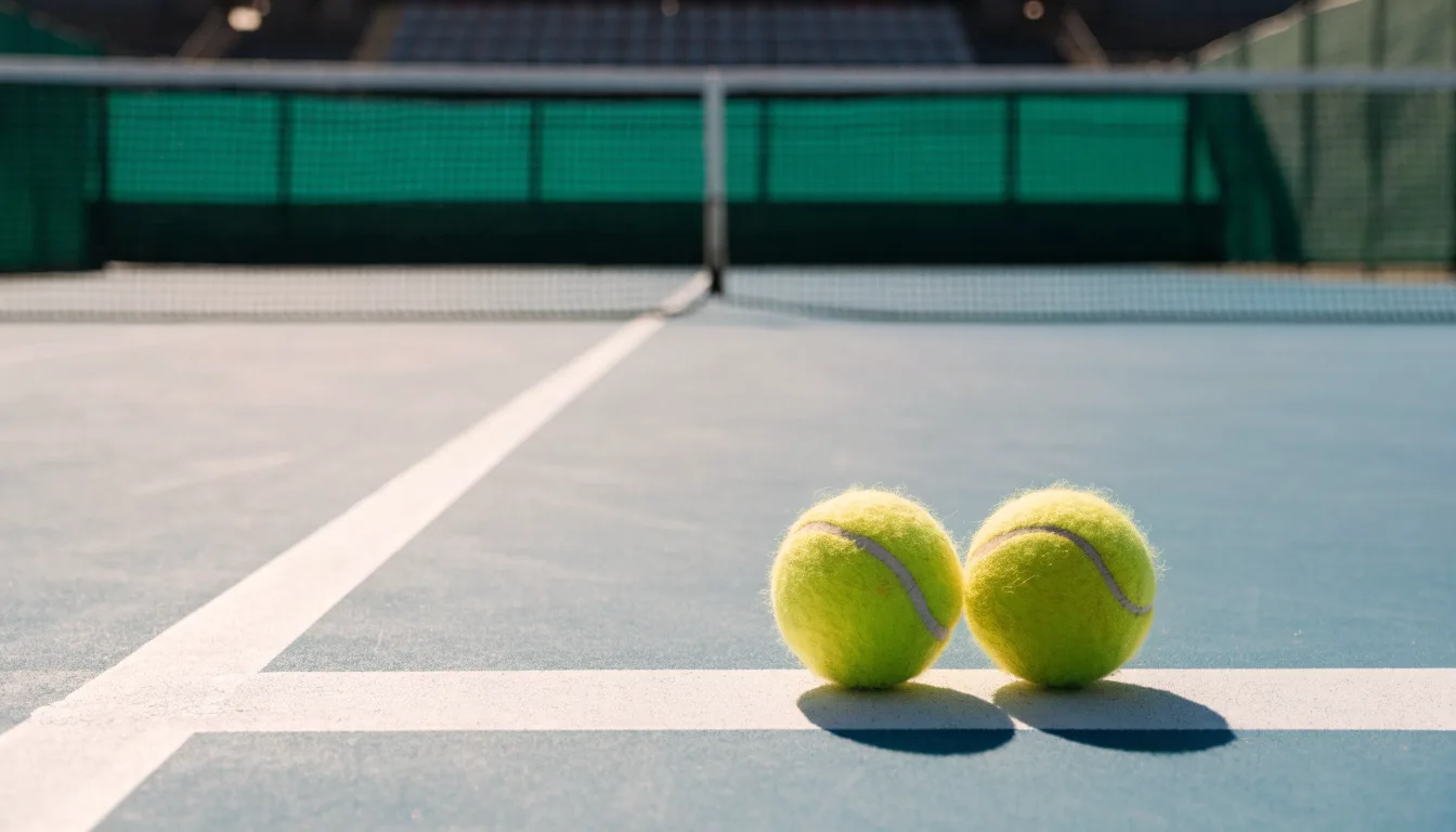 Zwei Tennisbälle liegen auf der weissen Grundlinie eines Hartplatzes im grellen Sonnenlicht.