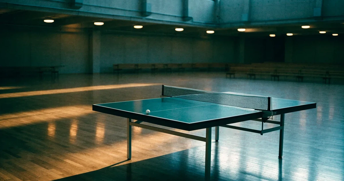 Eine Tischtennisplatte mit Netz in einer leeren Sporthalle, ein heller Ball liegt auf einer Seite, Deckenlicht spiegelt sich im Hallenboden.