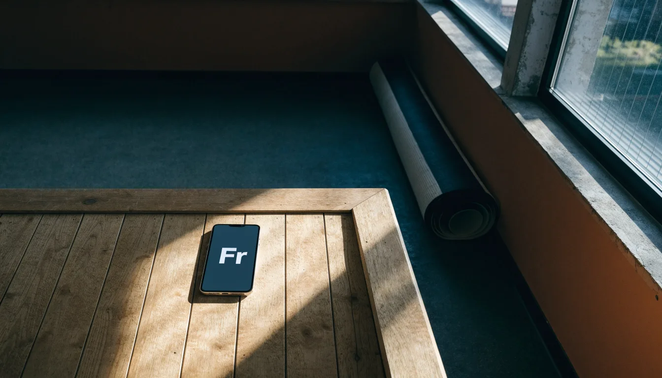 Eine zusammengerollte Trainingsmatte in der Ecke eines leeren Fitnessraums, durch hohe Fenster fällt Morgenlicht.