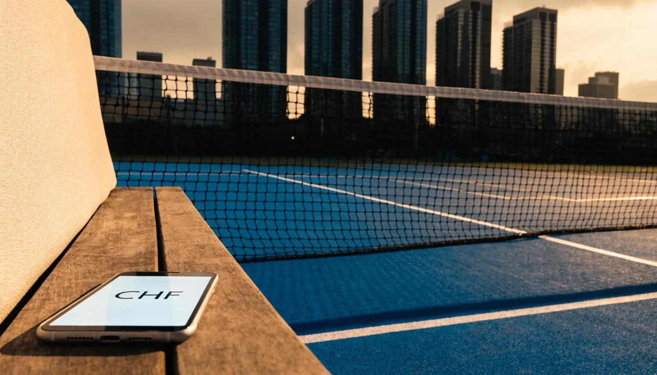 Die Hochhäuser einer Grossstadt in der Dämmerung, gesehen von einem Park, im Vordergrund ein gespanntes Tennisnetz.