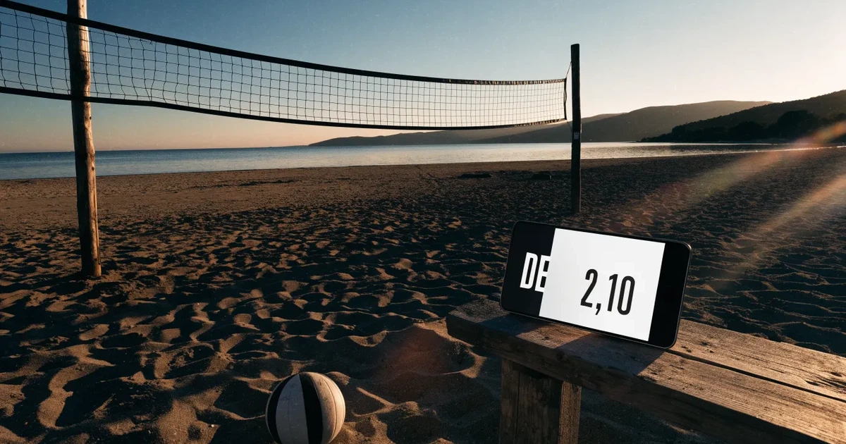 Ein Volleyball liegt im Sand eines Beachplatzes, zwischen zwei Pfosten ist ein Netz gespannt, tiefe Abendsonne wirft lange Schatten.