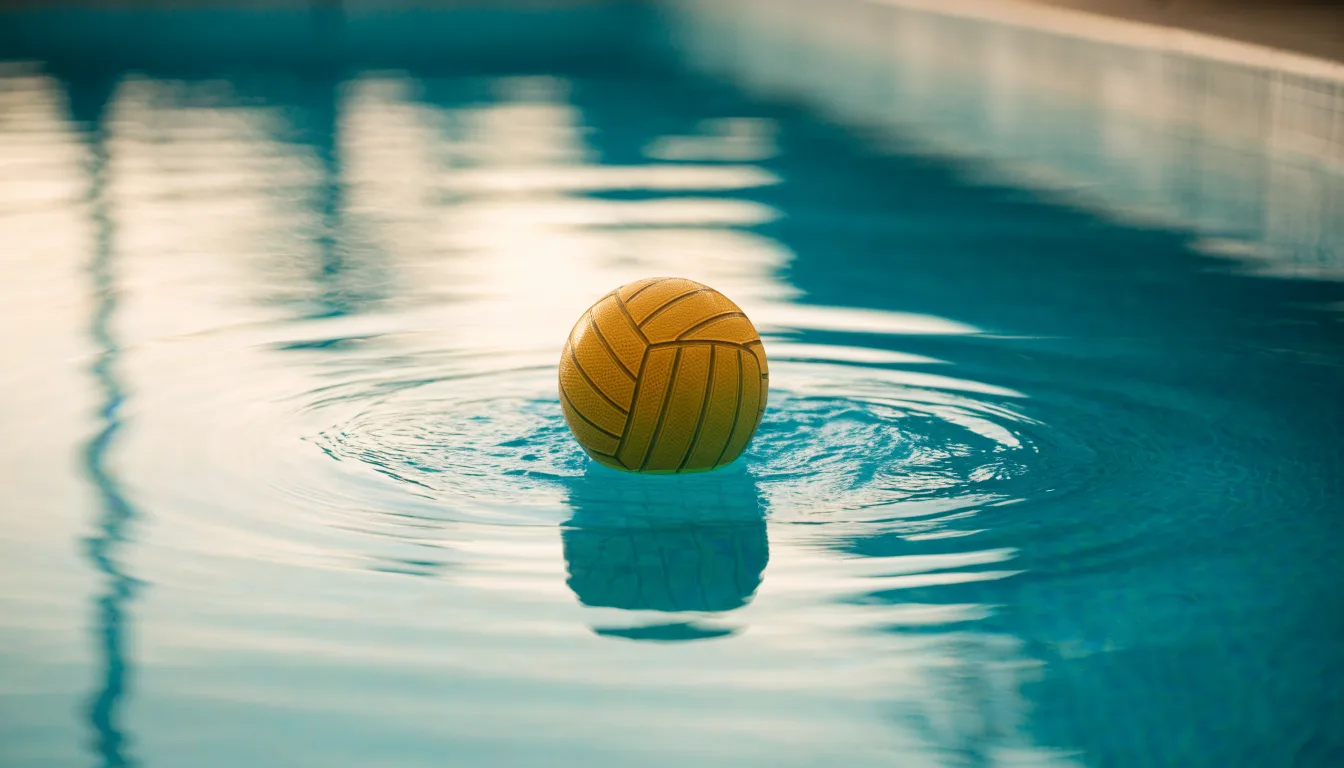 Ein gelber Ball treibt auf ruhigem türkisfarbenem Beckenwasser, feine Wellen im weichen Licht.