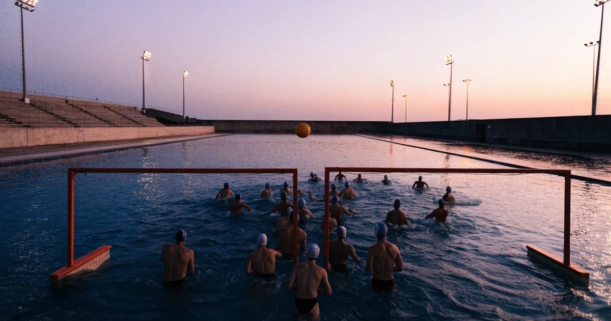 Ein Wasserballbecken am Abend mit zwei schwimmenden Torrahmen an den Enden, ruhiges blaues Wasser, leere Ränge.