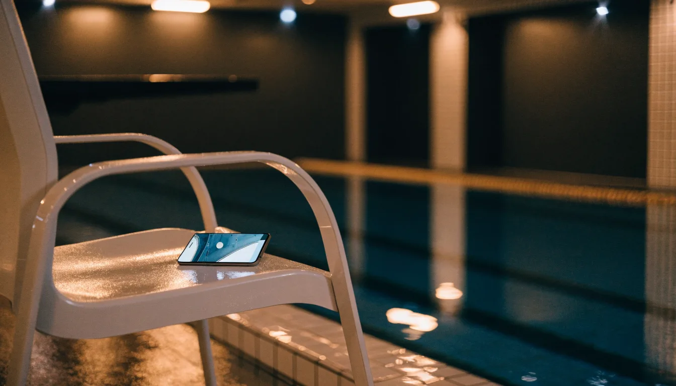Ein Bademeisterstuhl neben einem Hallenbad zur Schliesszeit, gedimmtes Licht, glatte Wasseroberfläche.