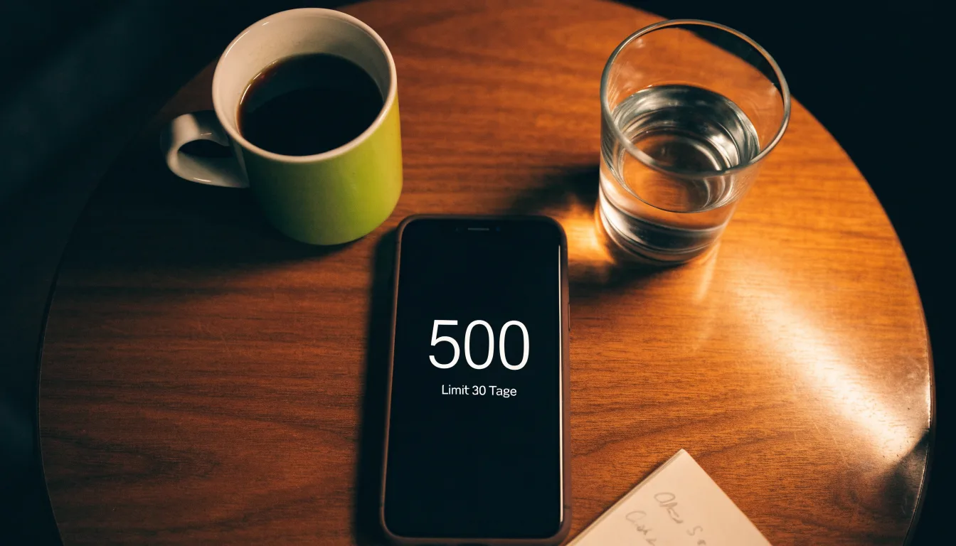 Ein Smartphone mit dunklem Display liegt neben einer Kaffeetasse und einem Glas Wasser auf einem Holztisch im Licht einer Lampe.