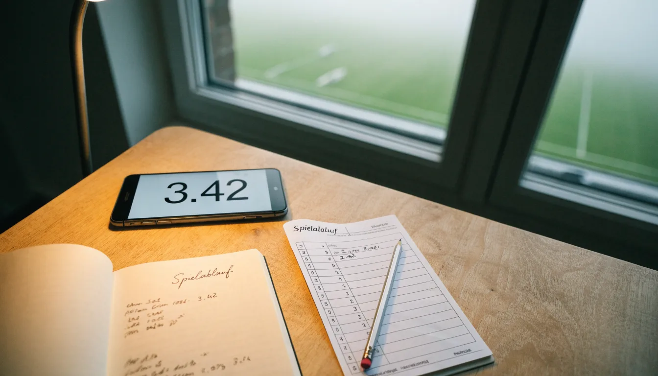 Ein Schreibtisch am Fenster mit Schreibtischlampe, Bleistift und leerem Block, draussen liegt ein Fussballplatz im Dunst.