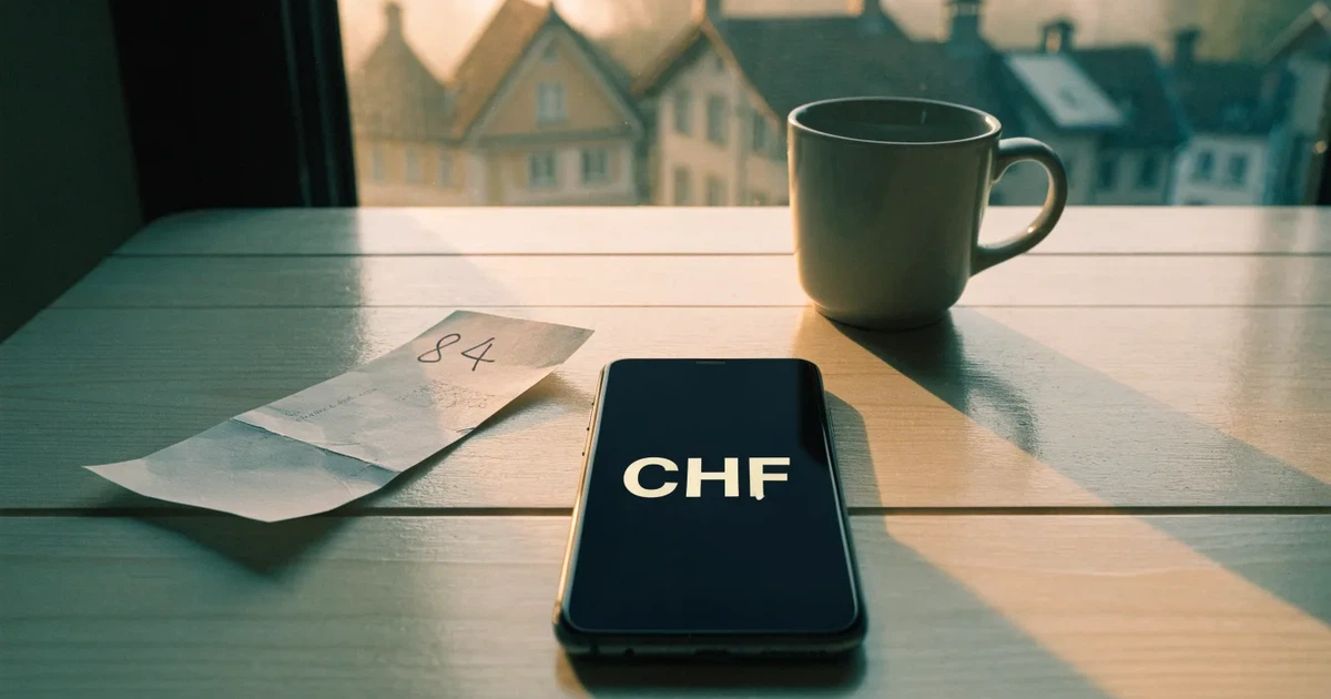 Ein Sparschwein aus Keramik steht auf einem Küchentisch neben einem Smartphone mit dunklem Display, im Fenster dahinter ein Schweizer Dorf im Morgenlicht.