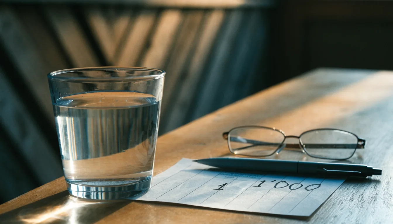 Ein Glas steht bis zum Rand gefüllt auf einem Holztisch, daneben ein Kugelschreiber und ein leeres Blatt Papier im Seitenlicht.