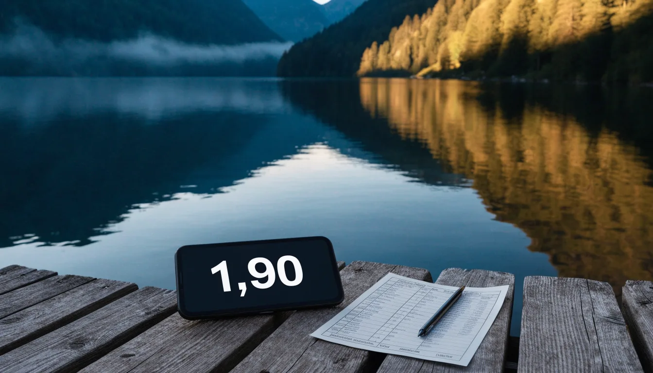 Ein Bergsee in der Dämmerung mit einem leeren Holzsteg, die Wasseroberfläche ist ruhig und Nebel zieht über die Hänge.