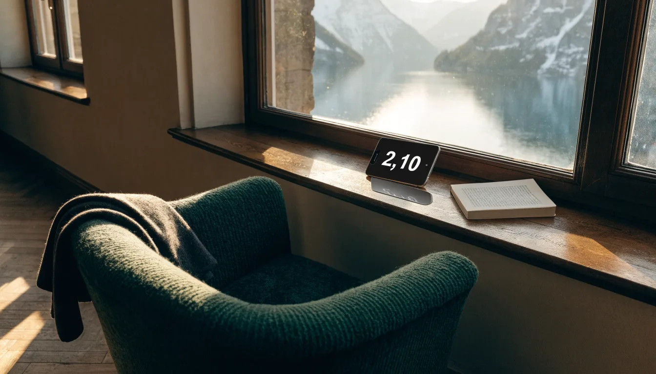 Ein leerer Sessel steht an einem Fenster mit Blick auf einen ruhigen See und schneebedeckte Berge im Morgenlicht.