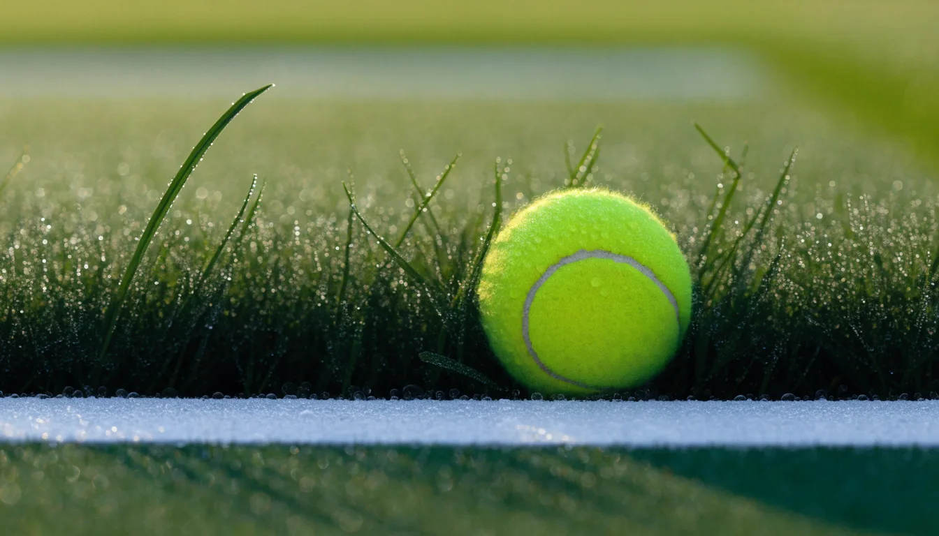 Ein gelber Tennisball liegt im Gras neben der weissen Grundlinie, Tau glitzert auf den Halmen im flachen Sonnenlicht.