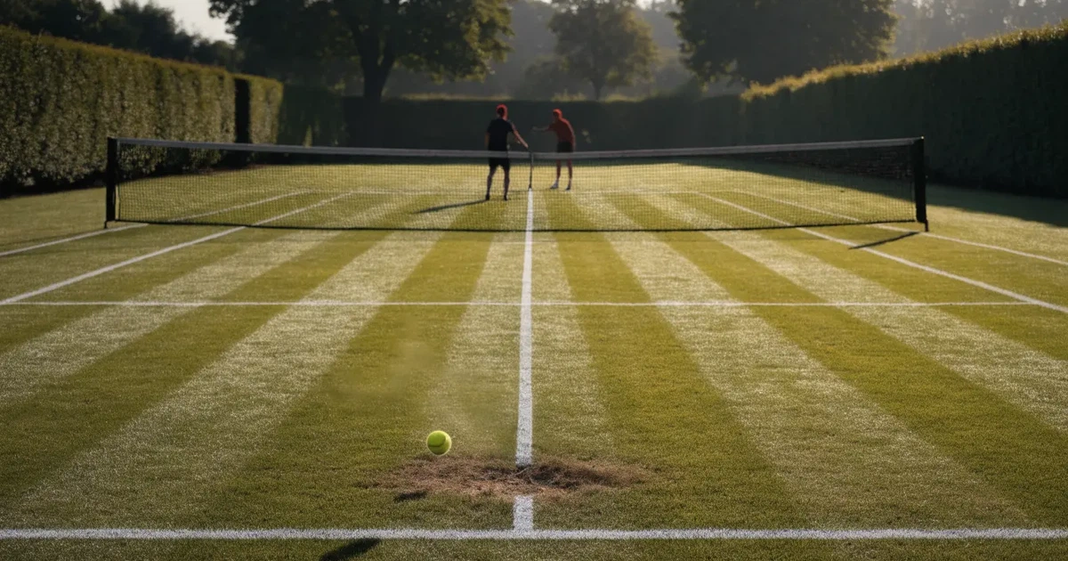 Ein Tennisplatz aus Rasen im ersten Morgenlicht mit frisch gezogenen Linien, einem Netz und einem leeren Schiedsrichterstuhl, dahinter hohe Hecken.