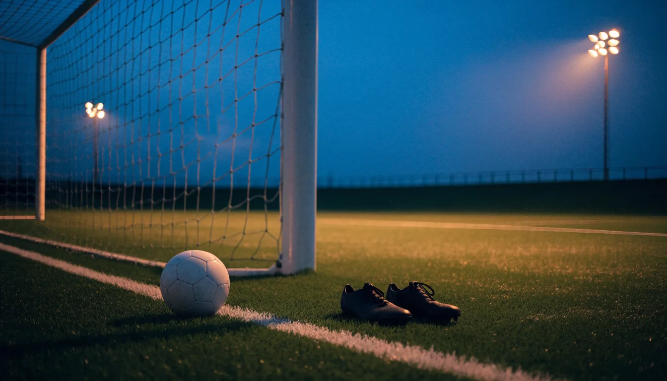 Ein Fussball und ein Paar Stollenschuhe stehen am Rand eines Kunstrasenplatzes, Flutlichtmasten ragen in den Abendhimmel.