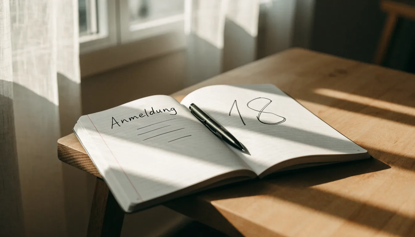 Ein aufgeschlagenes Notizbuch mit handschriftlichen Notizen und ein Kugelschreiber liegen auf einem Holztisch neben einem Fenster mit Tageslicht.