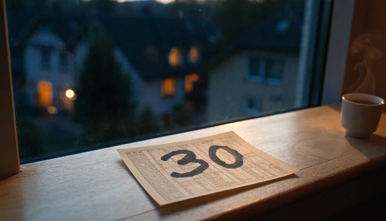 Eine Sanduhr steht auf einem Fensterbrett neben einer Tasse Tee, draussen dämmert es über einer ruhigen Strasse.