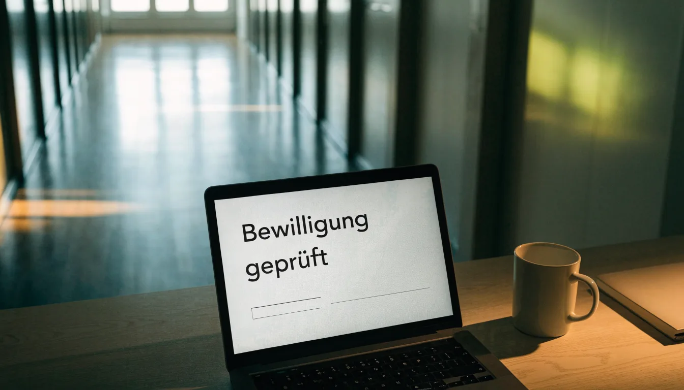 Ein langer, heller Flur in einem Verwaltungsgebäude mit Holzboden und hohen Fenstern am Ende, menschenleer.