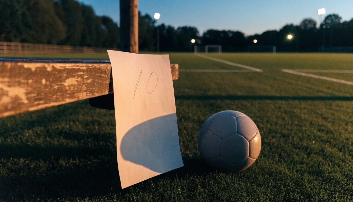 Ein Fussballschuh hängt an den Schnürsenkeln an einem Zaunpfosten neben einem Trainingsplatz im Abendlicht.