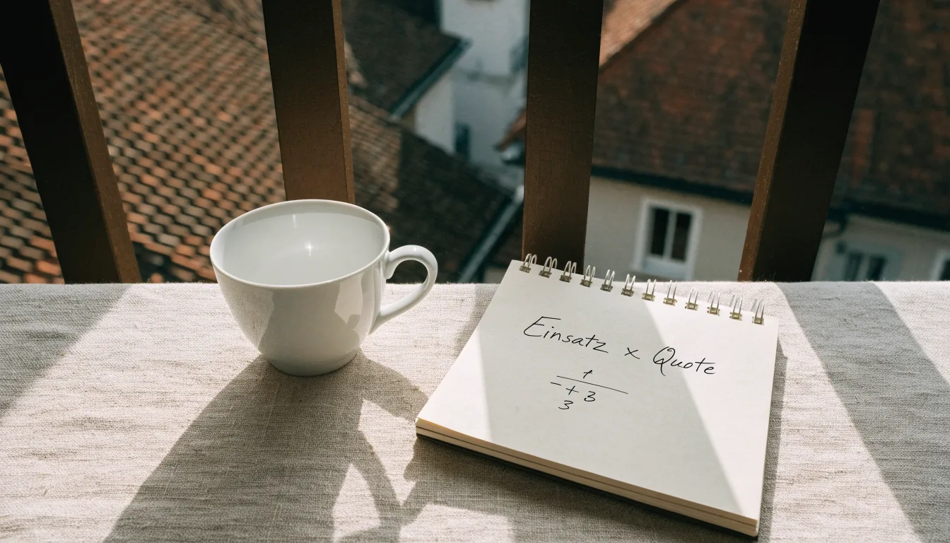 Eine Kaffeetasse und ein aufgeklappter leerer Notizblock stehen auf einem Balkontisch mit Blick über Hausdächer.