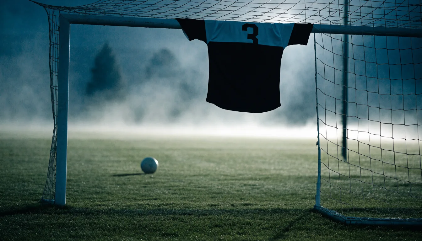 Ein Torpfosten mit Netz steht im Gegenlicht auf einem leeren Fussballplatz, über dem Rasen liegt Nebel.