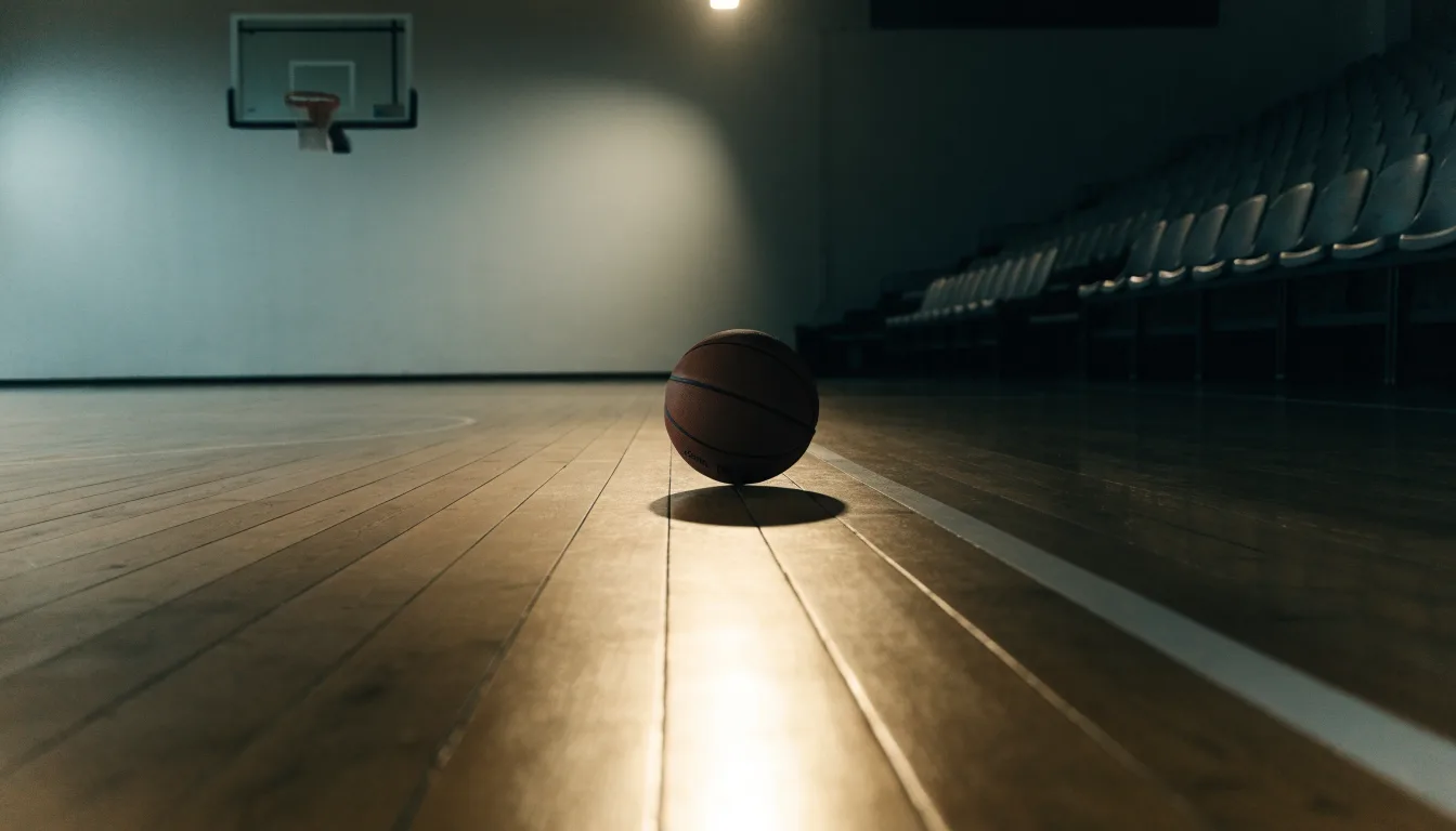 Ein Basketball liegt auf dem Parkett einer leeren Sporthalle im Licht der Deckenlampen.