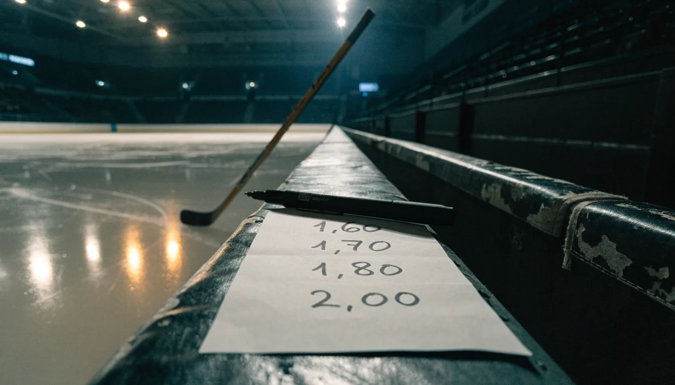 Ein Eishockeyschläger lehnt an der Bande einer leeren Halle, auf dem Eis spiegeln sich die Deckenlampen.